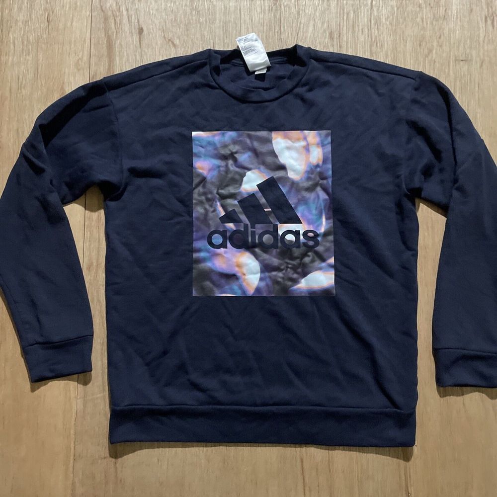 Adidas Graphic Print Crew Neck Graphic Blue Sweatshirt Size XS